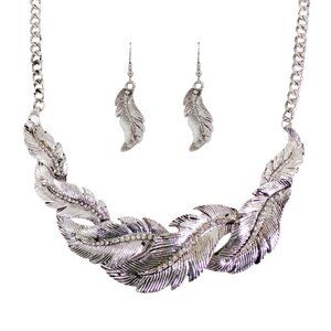 Silver Textured Feather Necklace Earring Set with Crystals In Antique finish NEW